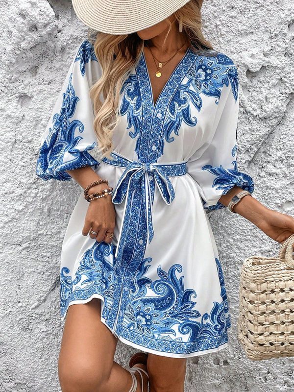 Floral V-Neck Tie-Waist Midi Dress – 3/4 Sleeves, Woven Polyester