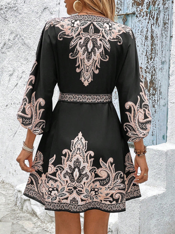 Floral V-Neck Tie-Waist Midi Dress – 3/4 Sleeves, Woven Polyester