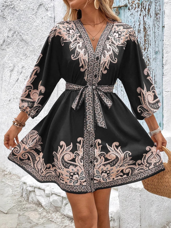Floral V-Neck Tie-Waist Midi Dress – 3/4 Sleeves, Woven Polyester
