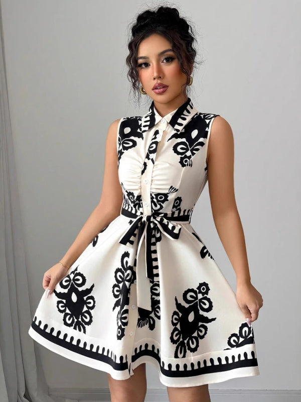 Sleeveless Printed Waist Tie Dress Black