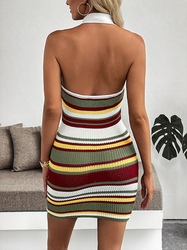 Retro Striped Knit Halter Dress – Open Back, Slim Fit, Spring Ready