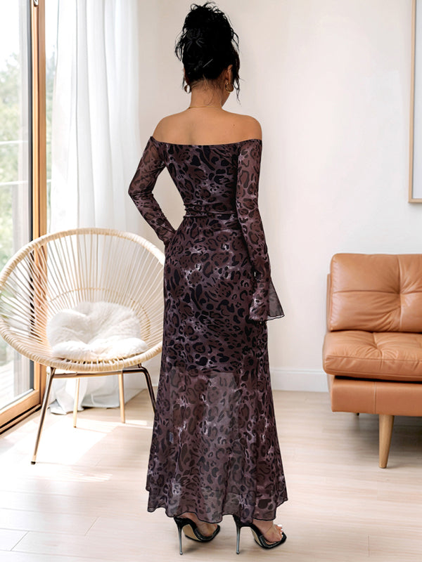 Retro Off-Shoulder Leopard Mesh Dress – Long Sleeve & Elegant Fit