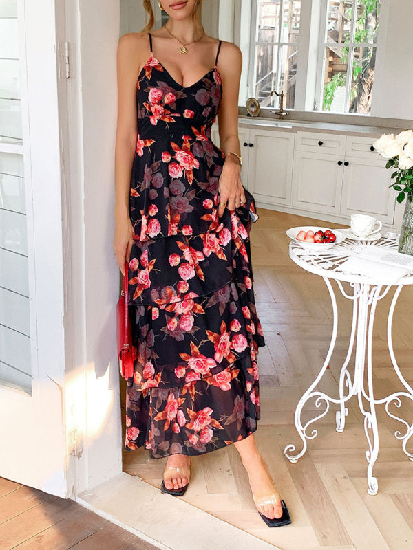 Black Pink Floral Layered Sling Maxi Dress – Vacation Style
