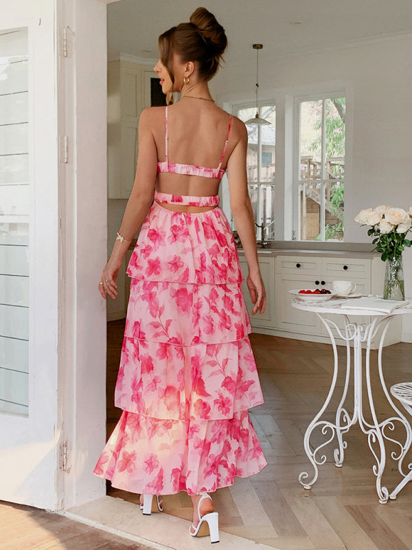 Pink Floral Layered Vacation Dress – Adjustable Spaghetti Straps, Flowy Fit