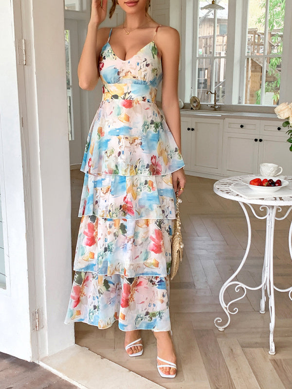 Elegant Blue Vacation Sling Dress – Lightweight Woven Polyester Maxi