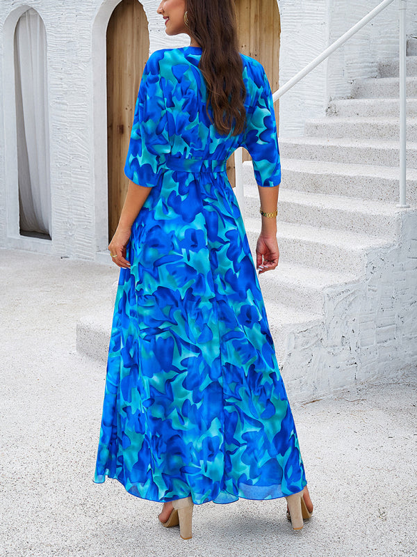 Blue Printed Tie Waist Maxi Dress