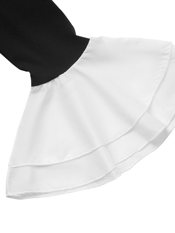 Long-Sleeved Ruffled Midi Dress with Contrast Skirt – Elegant Autumn Style