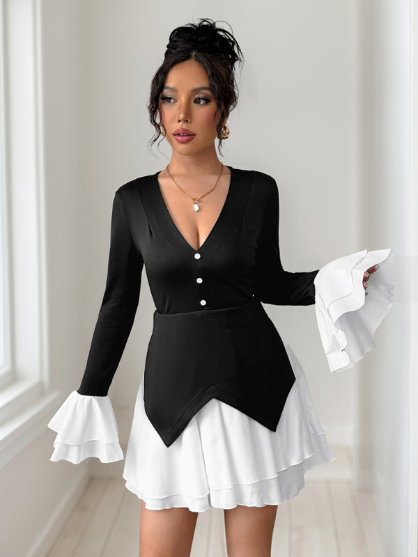 Long-Sleeved Ruffled Midi Dress with Contrast Skirt – Elegant Autumn Style