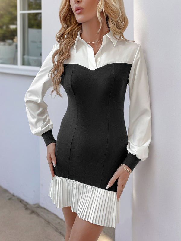 Black Contrast Stitching Two-Piece Look Long Sleeve Dress – Bodycon Fit