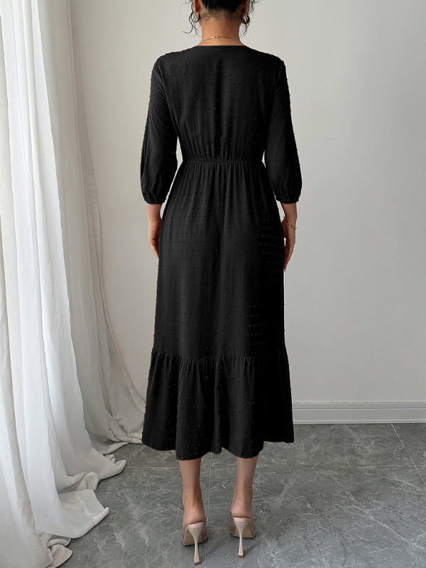 Lace Patchwork Midi Dress – Black Daily Wear with Woven Viscose Fabric