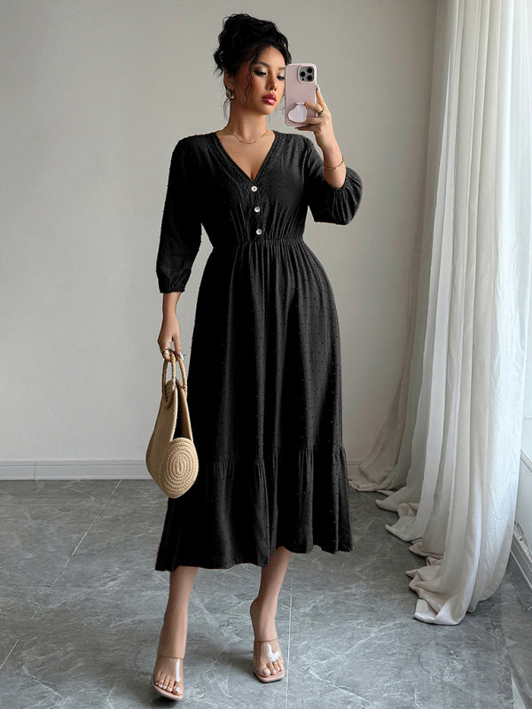 Lace Patchwork Midi Dress – Black Daily Wear with Woven Viscose Fabric