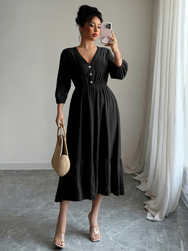 Lace Patchwork Midi Dress – Black Daily Wear with Woven Viscose Fabric