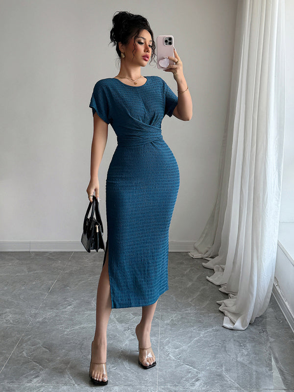 Dark Blue Fitted Waist Knit Midi Dress – Soft Stretch, Everyday Style