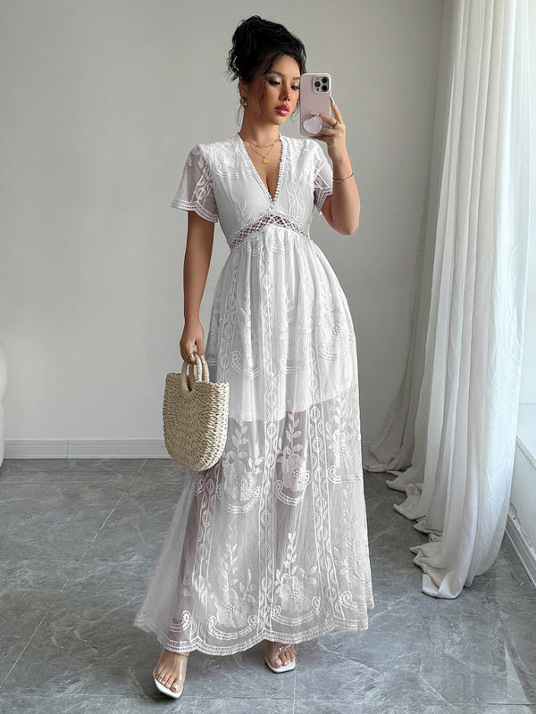 White Lace Hollow Short Sleeve Midi Dress – Elegant Woven Daily Look