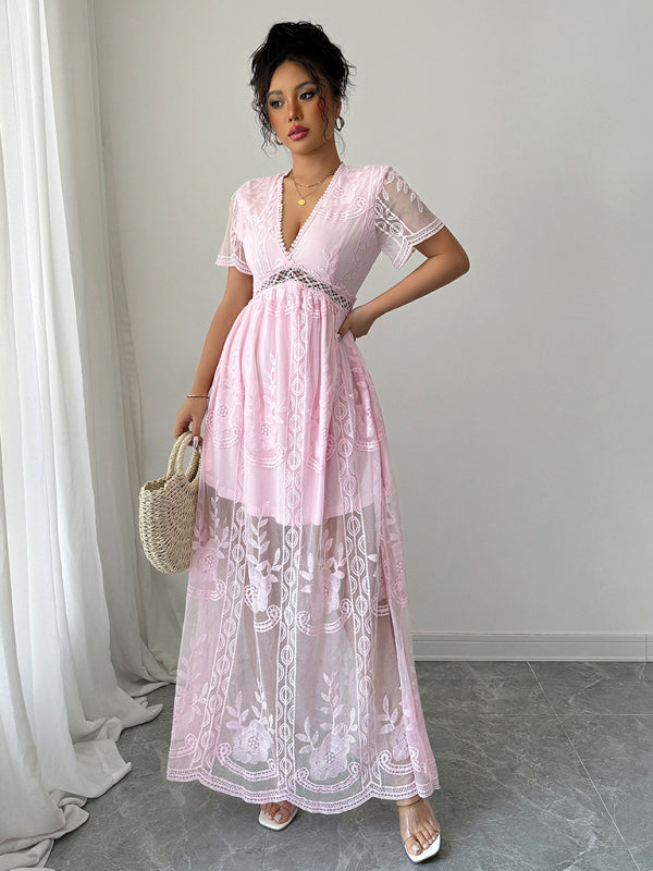 Pink Lace Hollow Midi Dress – Short Sleeves, Daily Chic Style