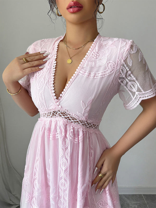Pink Lace Hollow Midi Dress – Short Sleeves, Daily Chic Style