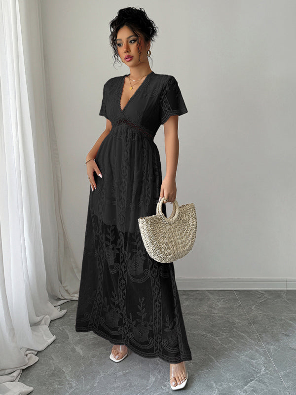 Black Lace Hollow Short Sleeve Midi Dress – Elegant Woven Daily Wear