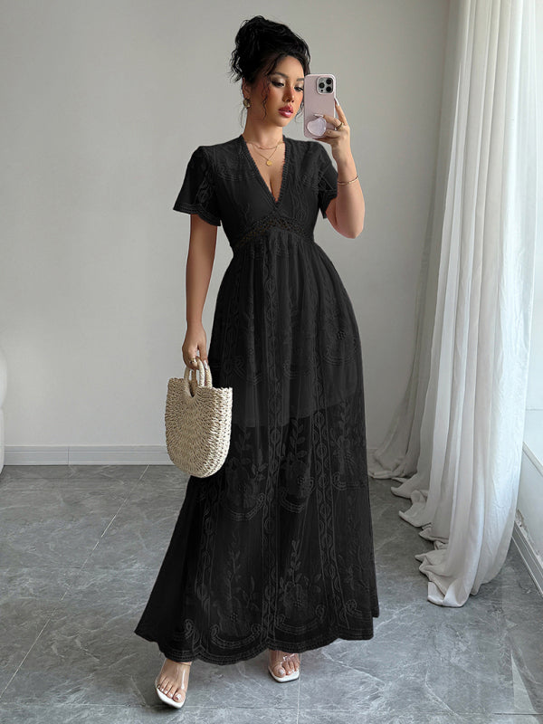 Black Lace Hollow Short Sleeve Midi Dress – Elegant Woven Daily Wear