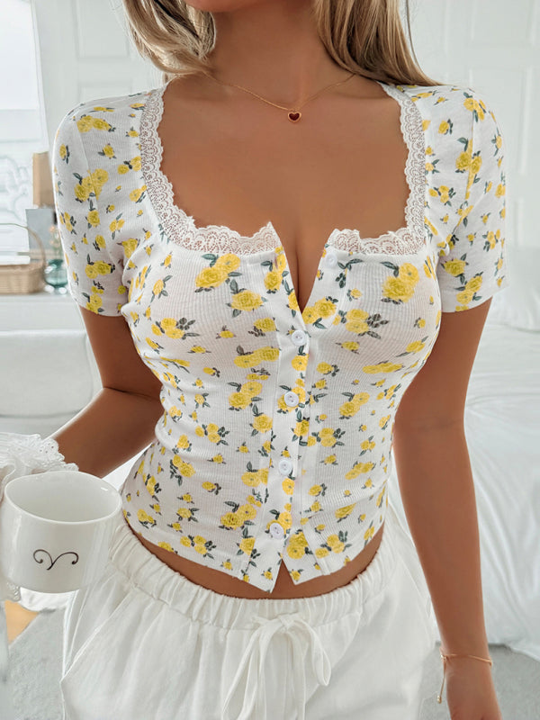 Y2K Hot Girl Style Yellow Floral Lace Short Sleeve T-Shirt