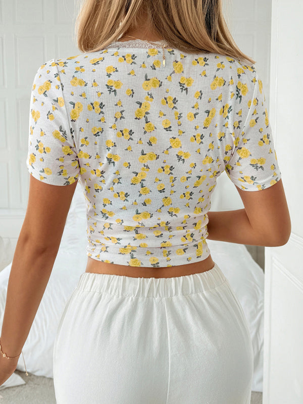 Y2K Hot Girl Style Yellow Floral Lace Short Sleeve T-Shirt