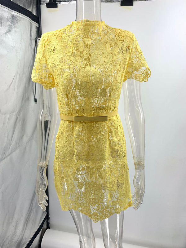 Lace Yellow See-Through Round Neck Miniskirt Dress – Chic & Lightweight