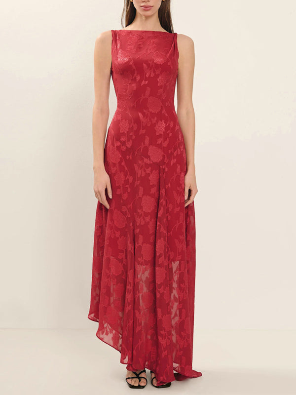 Red Jacquard Lace Backless Dress – Slim Fit & Irregular Hem