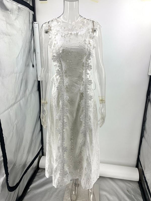 Lace Embroidery Tie-Strap Maxi Dress – Fitted, Woven & Elegant