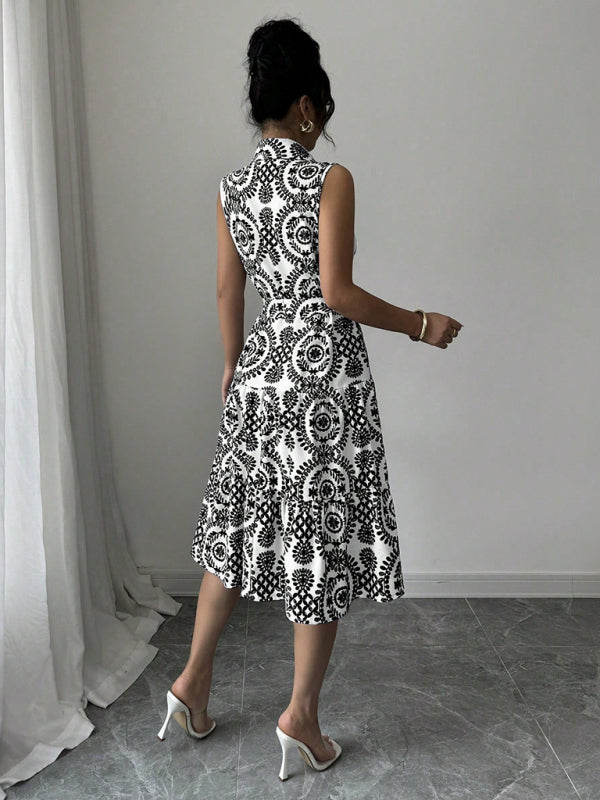 Fashionable off-shoulder waist-binding printed sleeveless dress