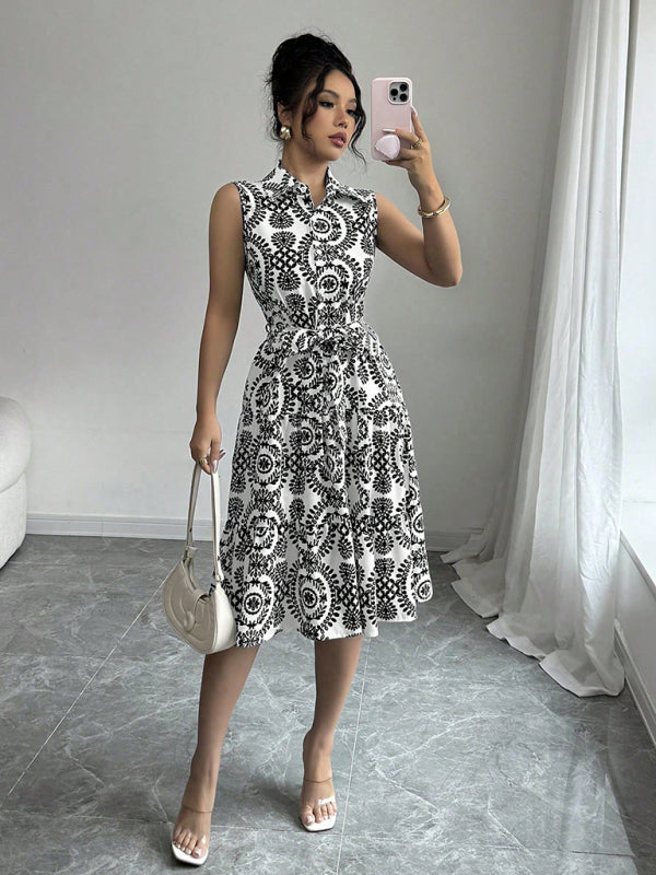 Fashionable off-shoulder waist-binding printed sleeveless dress