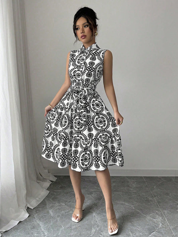Fashionable off-shoulder waist-binding printed sleeveless dress