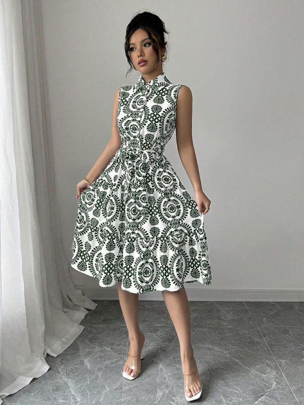 Fashionable off-shoulder waist-binding green printed sleeveless dress