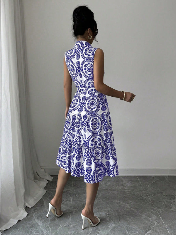 Blue Off-Shoulder Waist-Tie Sleeveless Dress