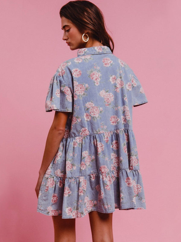 Light Blue Floral Denim A-Line Shirt Dress with Lapel – Woven Cotton