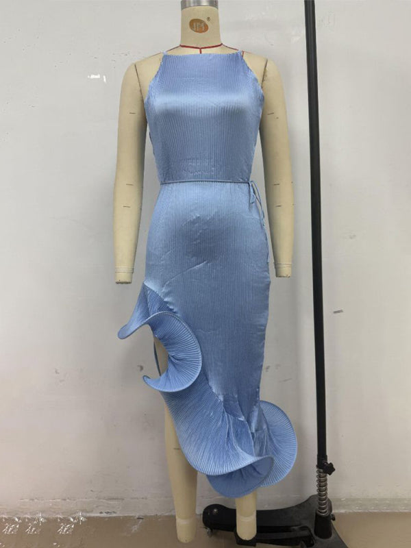 Ruffled Sleeveless Midi Dress – Elegant Solid Color Fit for Spring & Summer
