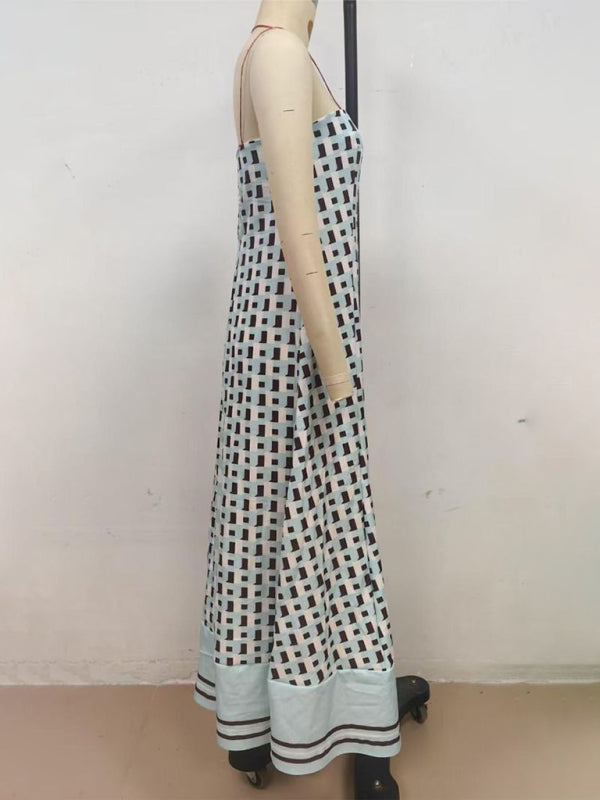 Off-Shoulder Brown Checkered Maxi Dress – Strapless Vacation Style