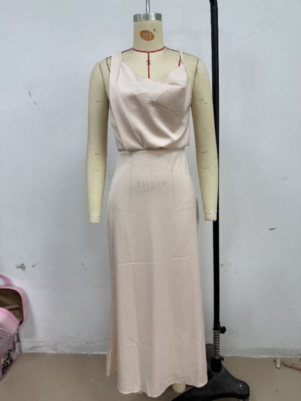 Satin Midi Slip Dress – Solid Color, Adjustable Spaghetti Straps, Spring-Summer