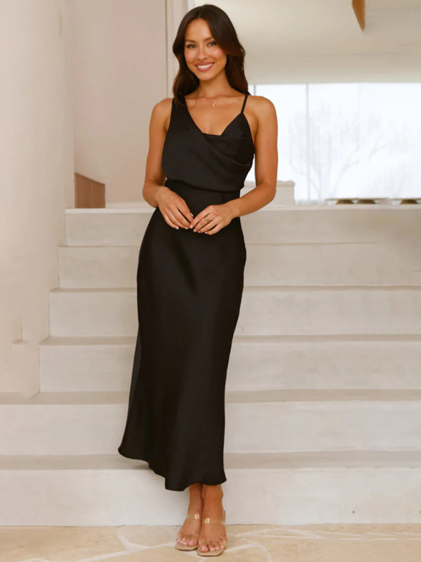 Satin Midi Slip Dress – Solid Color, Adjustable Spaghetti Straps, Spring-Summer