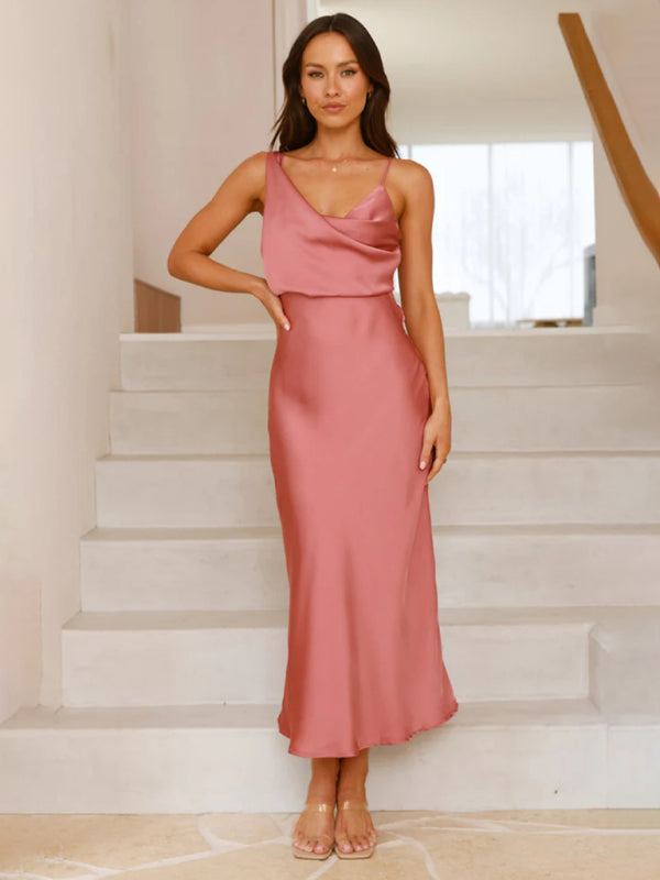Satin Midi Slip Dress – Solid Color, Adjustable Spaghetti Straps, Spring-Summer