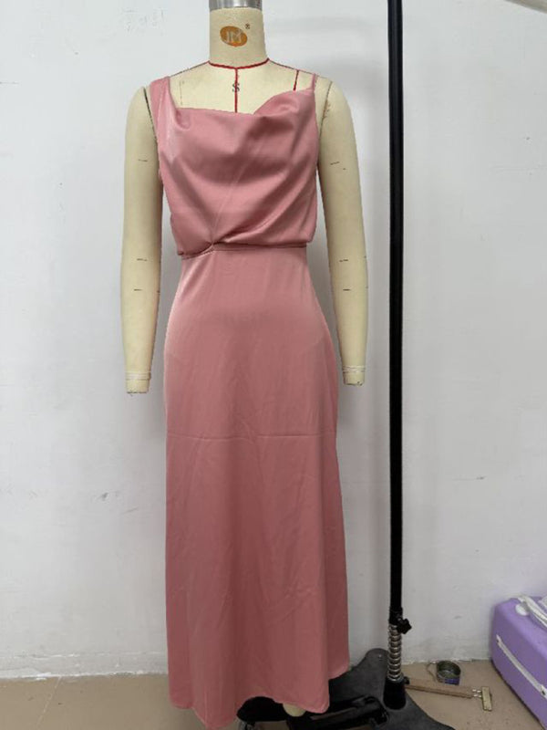 Satin Midi Slip Dress – Solid Color, Adjustable Spaghetti Straps, Spring-Summer