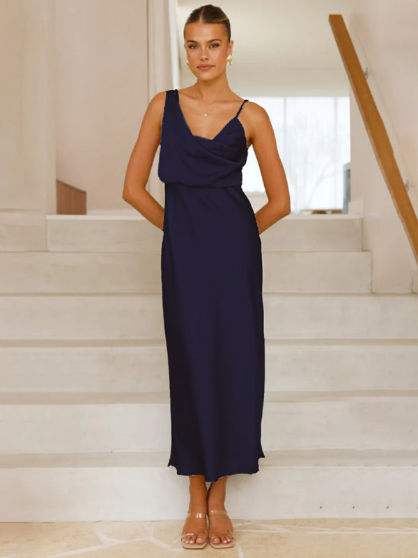 Satin Midi Slip Dress – Solid Color, Adjustable Spaghetti Straps, Spring-Summer