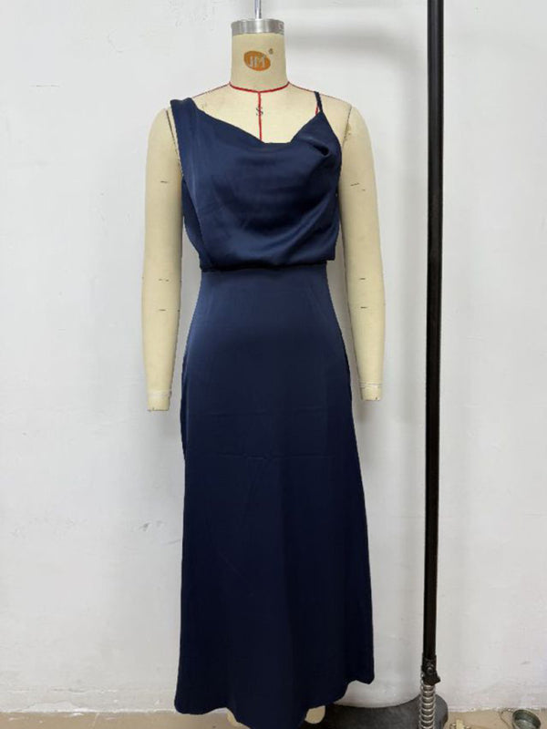 Satin Midi Slip Dress – Solid Color, Adjustable Spaghetti Straps, Spring-Summer