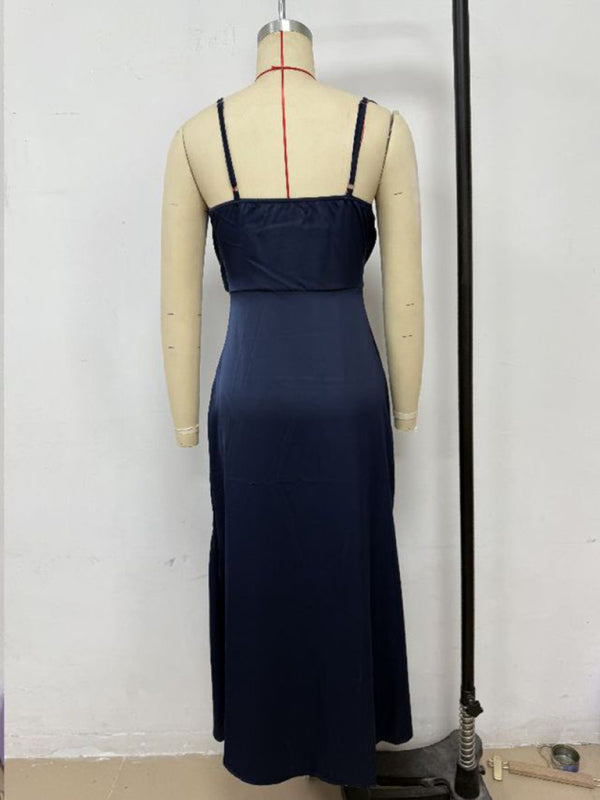 Satin Midi Slip Dress – Solid Color, Adjustable Spaghetti Straps, Spring-Summer