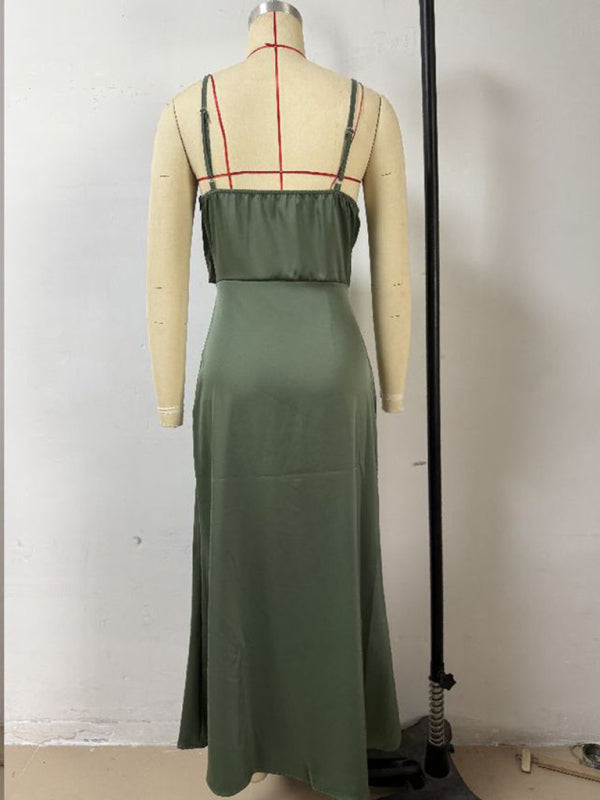 Satin Midi Slip Dress – Solid Color, Adjustable Spaghetti Straps, Spring-Summer