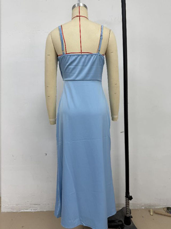 Satin Midi Slip Dress – Solid Color, Adjustable Spaghetti Straps, Spring-Summer