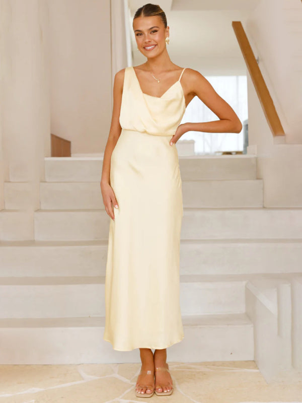 Satin Midi Slip Dress – Solid Color, Adjustable Spaghetti Straps, Spring-Summer