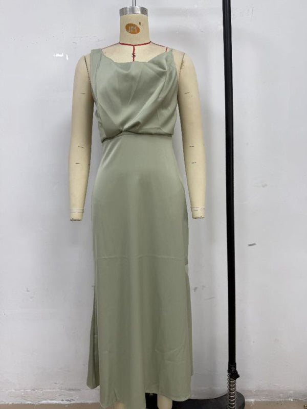 Satin Midi Slip Dress – Solid Color, Adjustable Spaghetti Straps, Spring-Summer