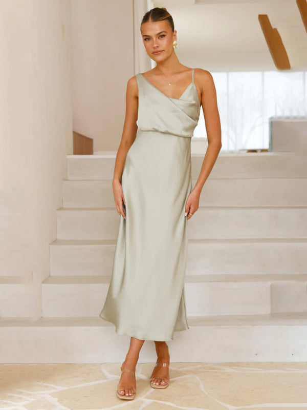 Satin Midi Slip Dress – Solid Color, Adjustable Spaghetti Straps, Spring-Summer