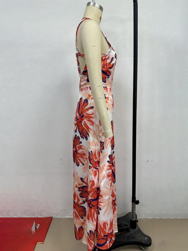 Orange Floral Backless Sleeveless Maxi Dress