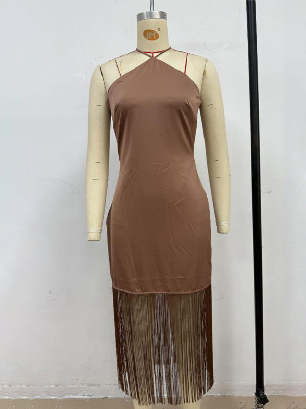 Off-the-Shoulder Tassel Bodycon Dress – Woven, Spring-Summer Fit