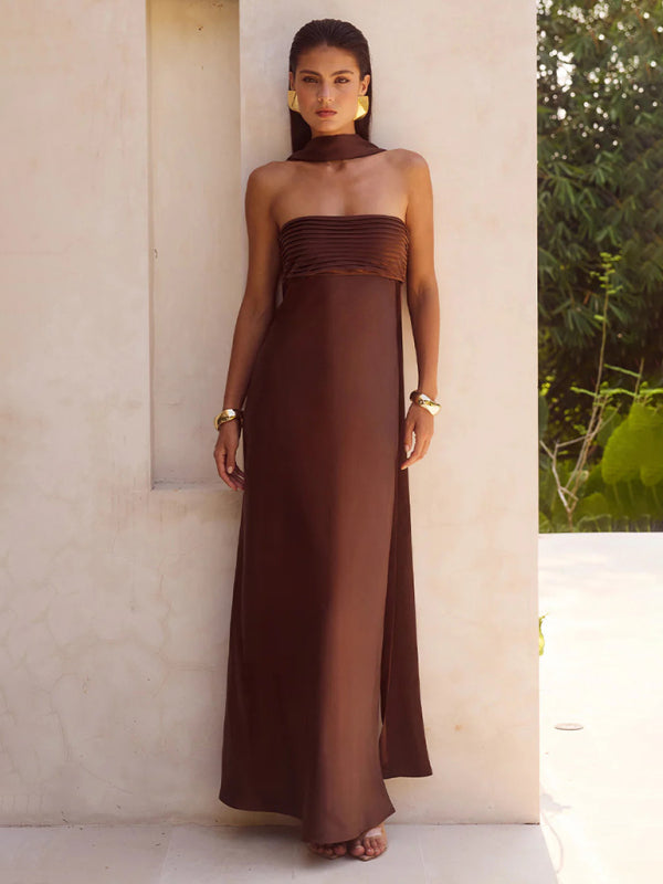 Satin Lace-Up Tube Dress – Woven Midi Dress for Spring & Summer